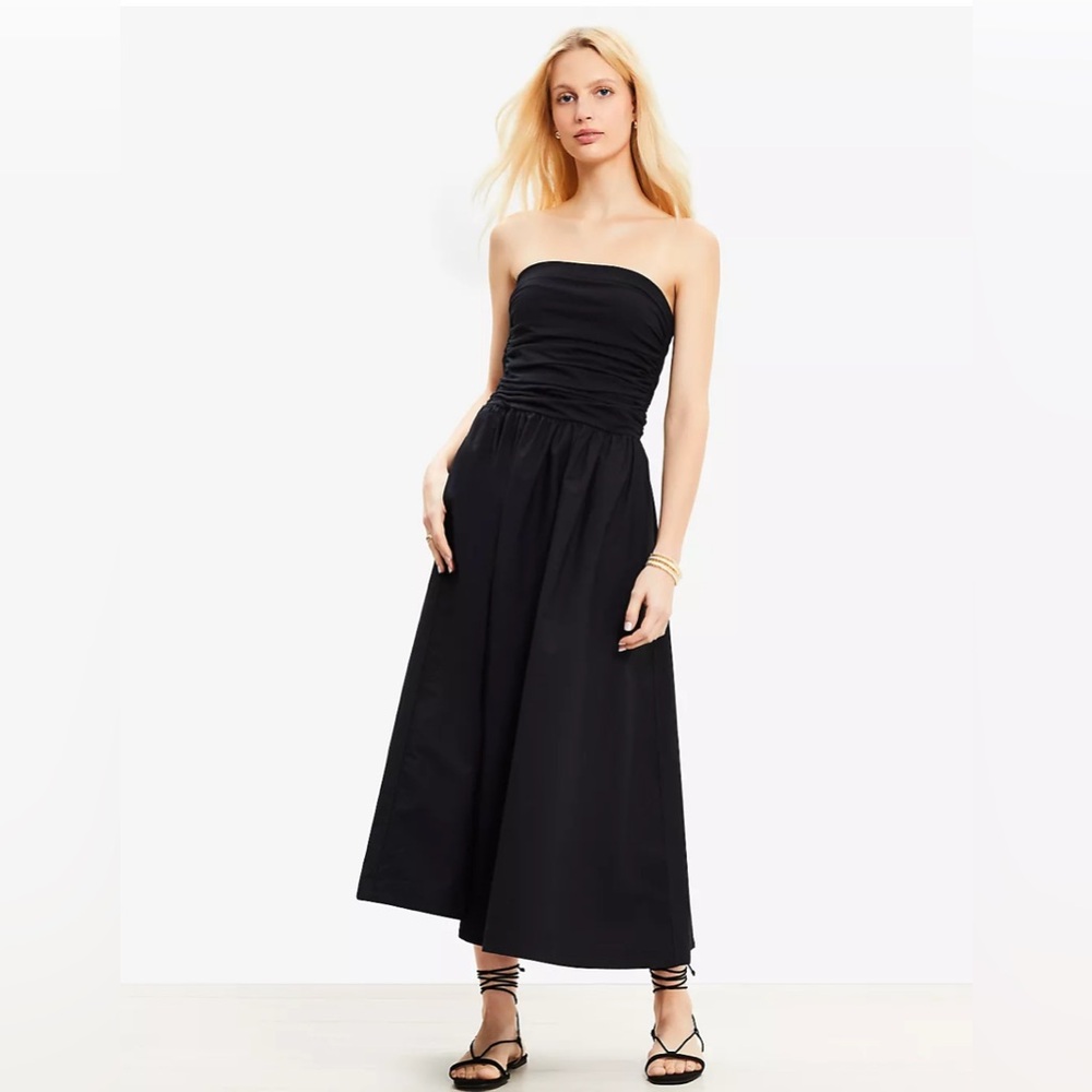 LOFT Black Strapless shirred bodice midi dress. Size PM. NWT.